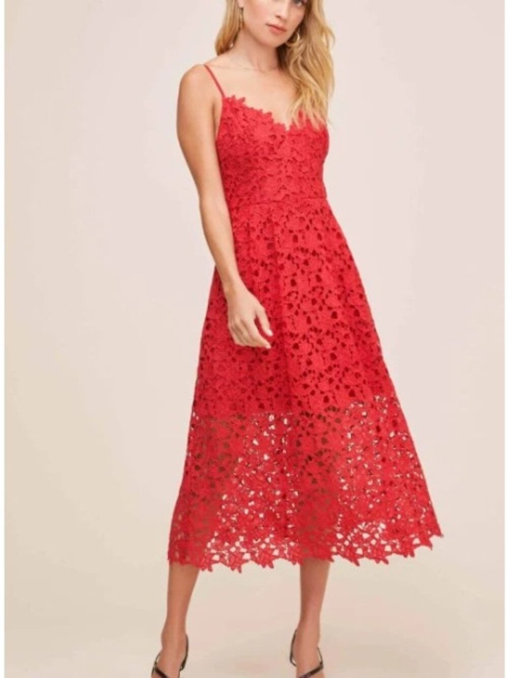 ASTR the Label Red Floral Lace Midi Dress Women Size XL Romantic Wedding Guest